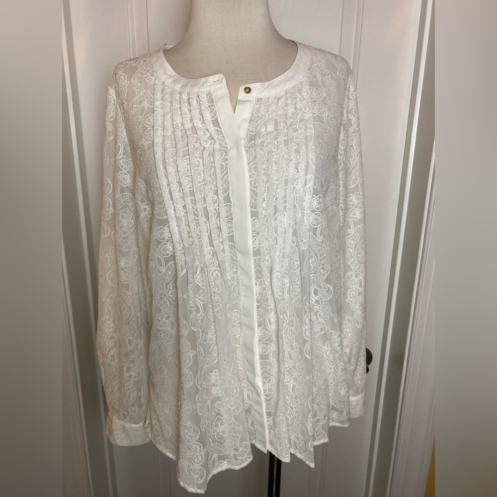 Anthropologie Meadow Rue Beautiful White Sheer Embroidered Flowing Blouse Top L